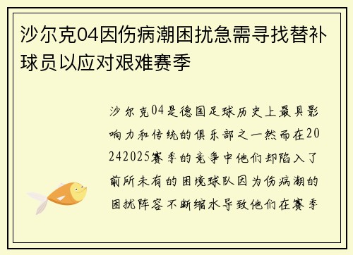 沙尔克04因伤病潮困扰急需寻找替补球员以应对艰难赛季