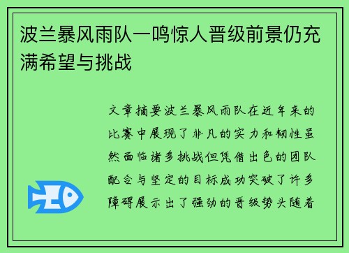 波兰暴风雨队一鸣惊人晋级前景仍充满希望与挑战