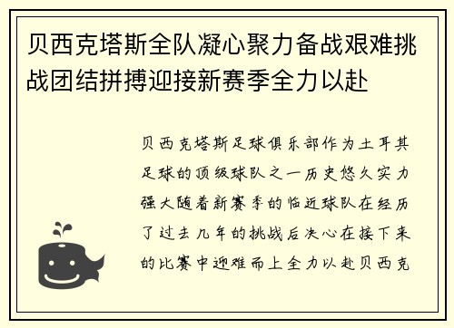 贝西克塔斯全队凝心聚力备战艰难挑战团结拼搏迎接新赛季全力以赴